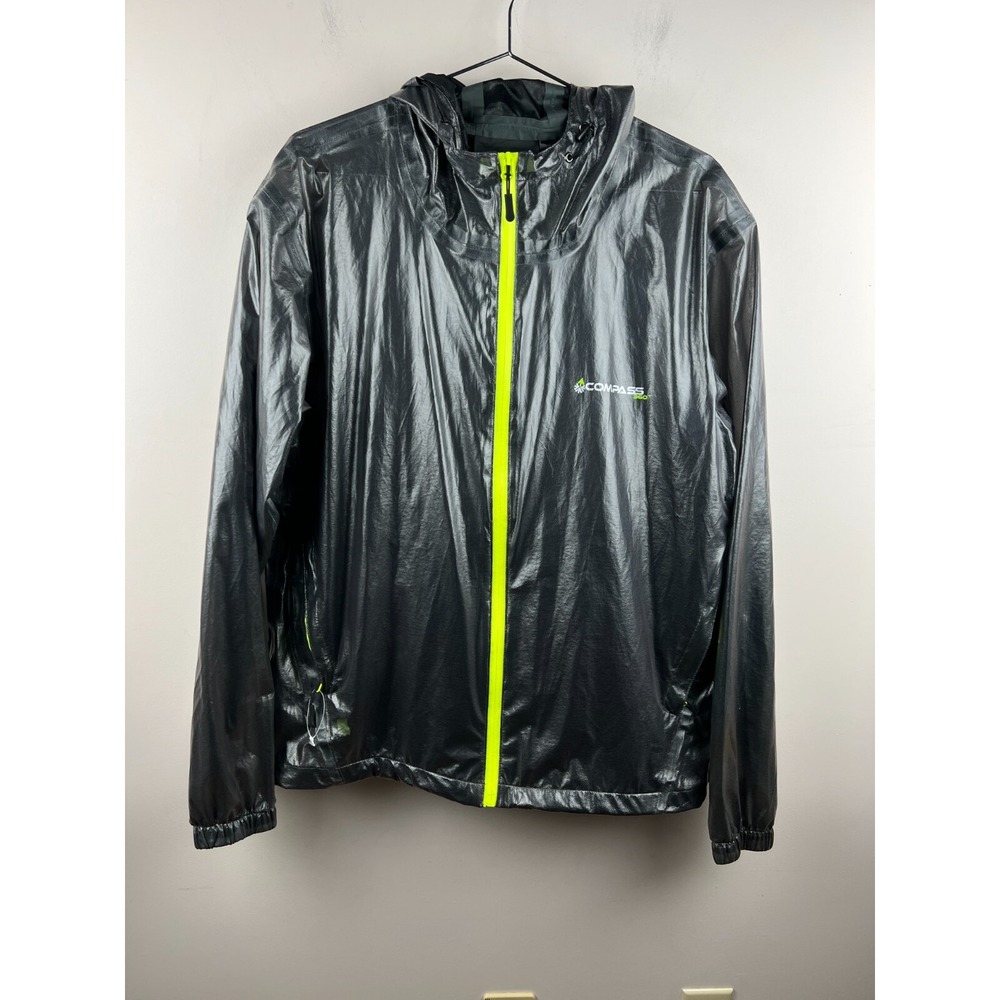 Compass 360 Mens Rain Jacket Medium Charcoal Metallic Neon Yellow Hooded Shell